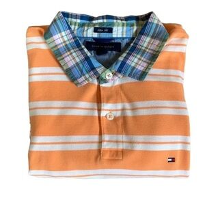 Tommy Hilfiger orange and white stripe polo shirt with plaid collar Size XXL